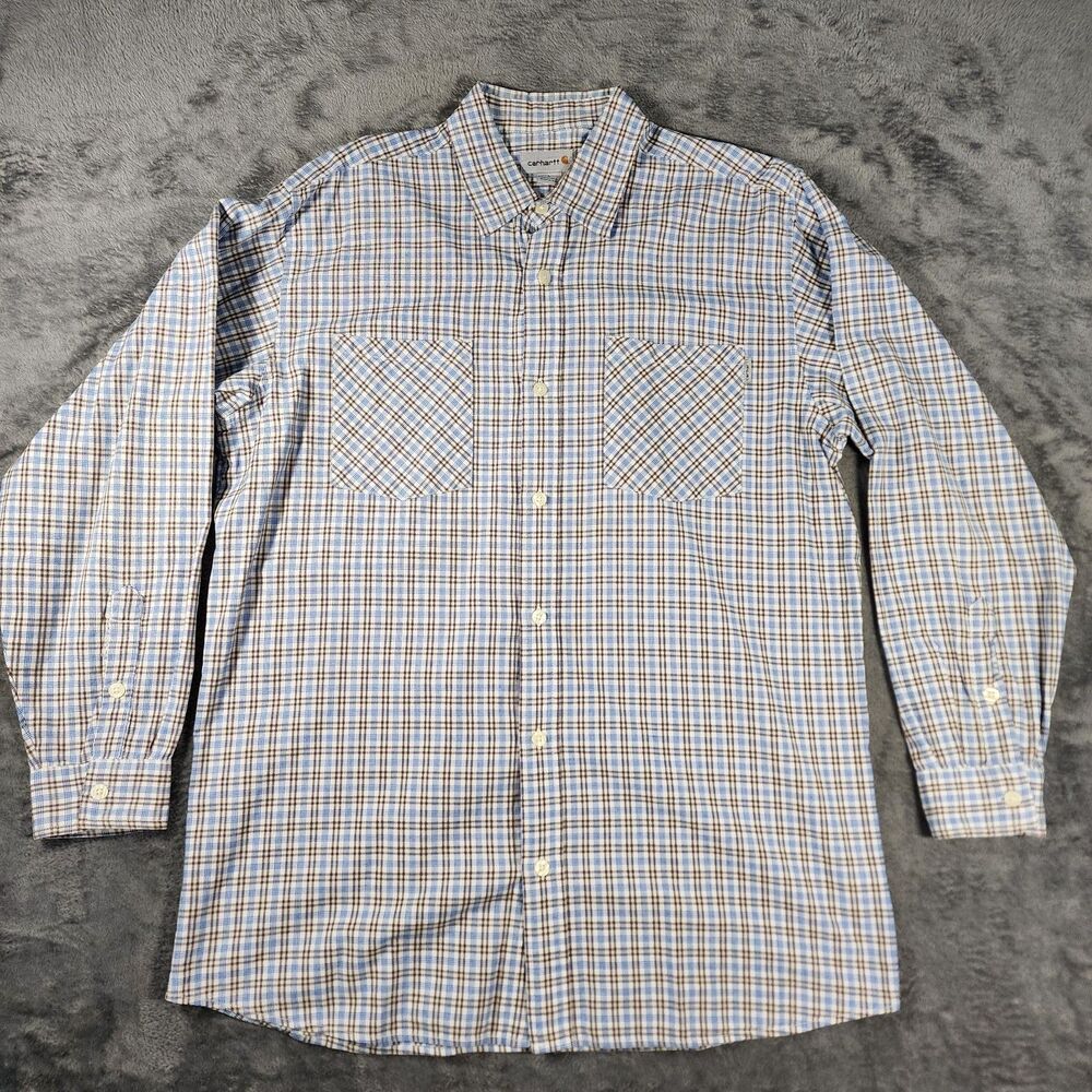 Carhartt Mens Large Blue Tan Plaid Button Down Shirt Diagonal Pockets Cotton